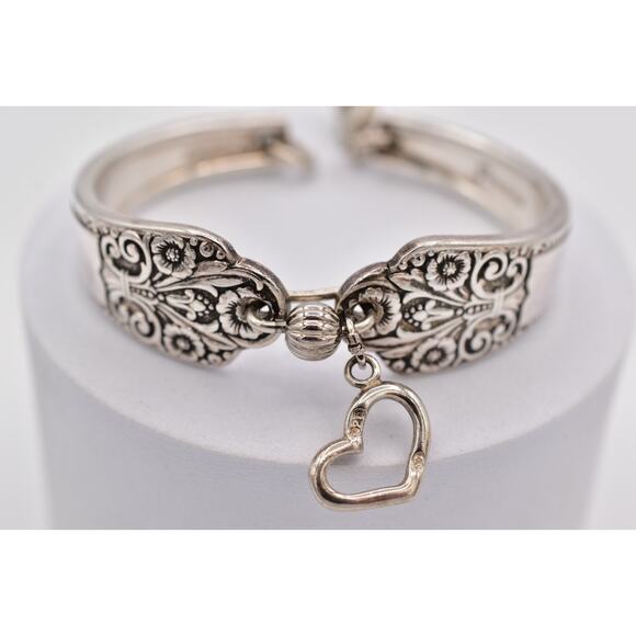 Vintage Precious Spoon Handle Small Bangle Bracelet Silver Tone Heart Charm Bin2 - Picture 9 of 12